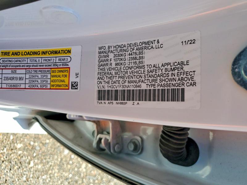 Aukcja sprzedaży 2022 Honda Accord, vin: 1HGCV1F30NA110846, numer aukcji: 54555156