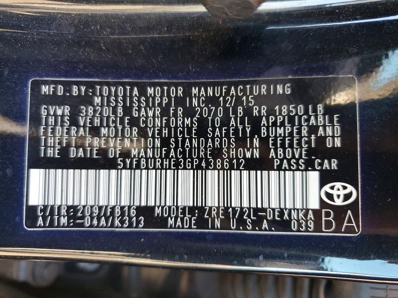 Aukcja sprzedaży 2016 Toyota Corolla, vin: 5YFBURHE3GP438612, numer aukcji: 52934956