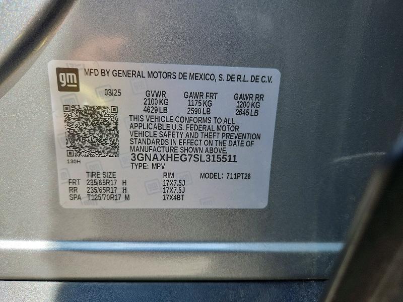 2025 Chevrolet Equinox მანქანა იყიდება აუქციონზე, vin: 3GNAXHEG7SL315511, აუქციონის ნომერი: 54780726