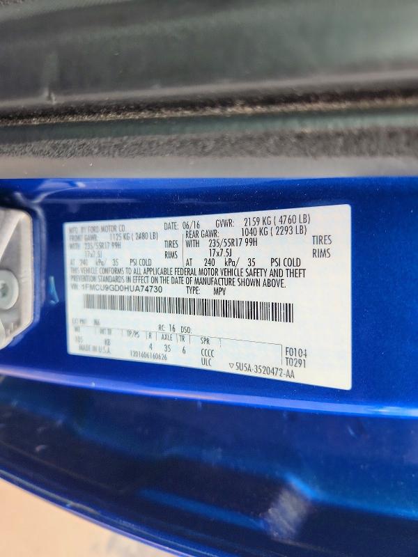 Auction sale of the 2017 Ford Escape, vin: 1FMCU9GD0HUA74730, lot number: 53738876