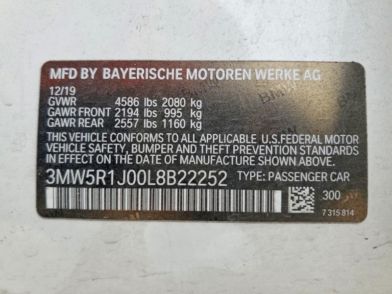 2020 Bmw 330i მანქანა იყიდება აუქციონზე, vin: 3MW5R1J00L8B22252, აუქციონის ნომერი: 53118876
