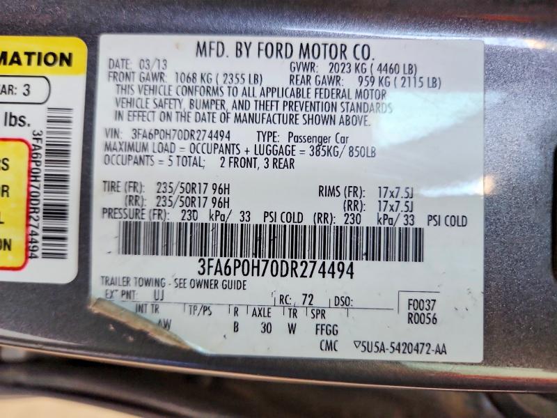 52845986 :رقم المزاد ، 3FA6P0H70DR274494 vin ، 2013 Ford Fusion مزاد بيع