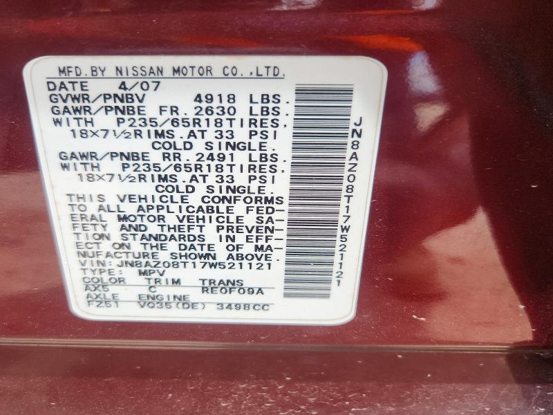 Aukcja sprzedaży 2007 Nissan Murano, vin: JN8AZ08T17W521121, numer aukcji: 55600676