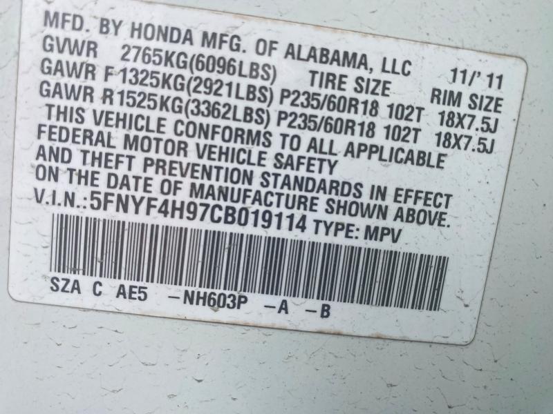 53815606 :رقم المزاد ، 5FNYF4H97CB019114 vin ، 2012 Honda Pilot مزاد بيع