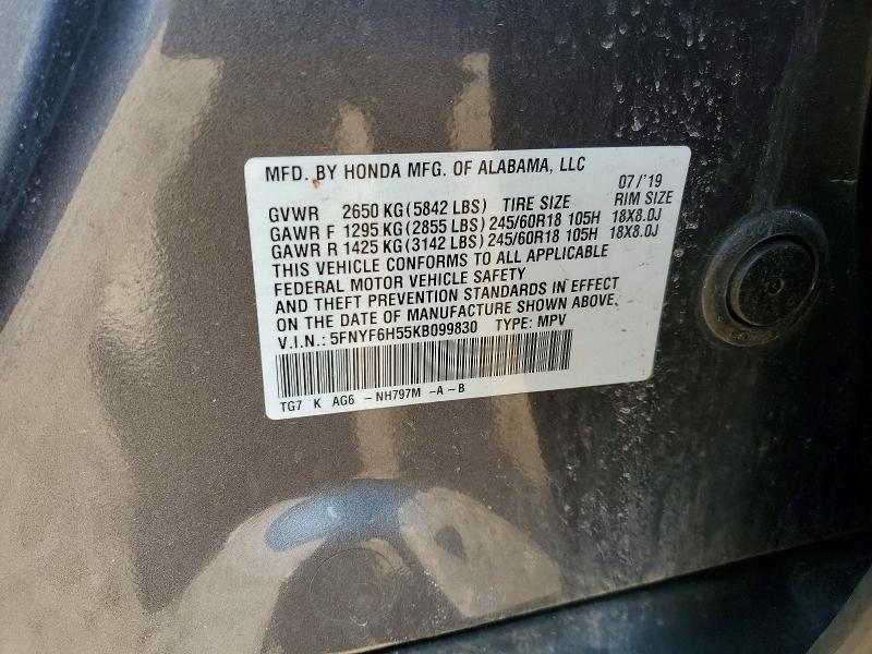 Продажа на аукционе авто 2019 Honda Pilot, vin: 5FNYF6H55KB099830, номер лота: 50853276
