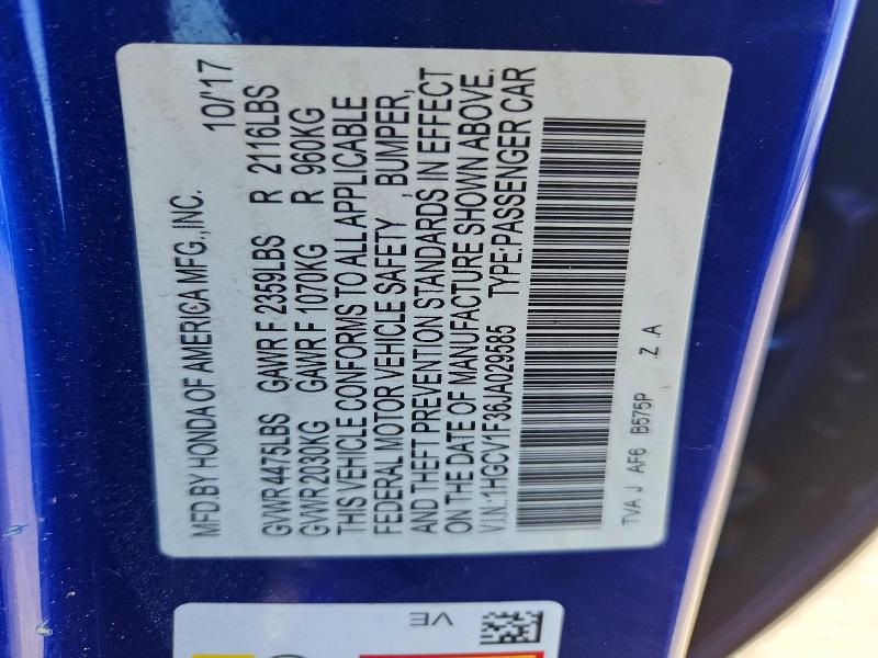 54657036 :رقم المزاد ، 1HGCV1F36JA029585 vin ، 2018 Honda Accord مزاد بيع