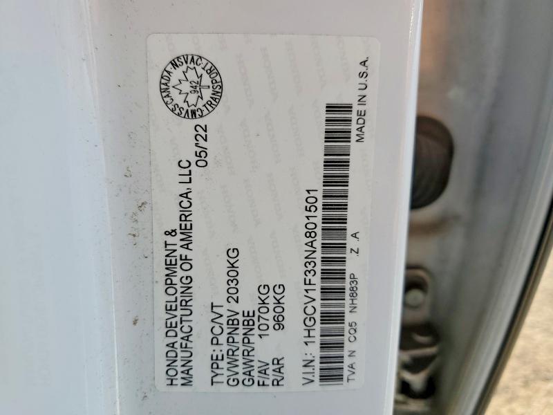 Продажа на аукционе авто 2022 Honda Accord, vin: 1HGCV1F33NA801501, номер лота: 53799086