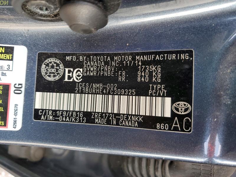 51134166 :رقم المزاد ، 2T1BURHE4FC309325 vin ، 2015 Toyota Corolla مزاد بيع