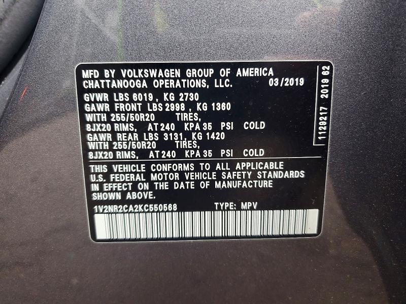 2019 Volkswagen Atlas მანქანა იყიდება აუქციონზე, vin: 1V2NR2CA2KC550568, აუქციონის ნომერი: 54706266