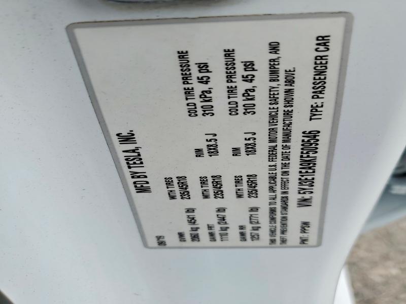 2019 Tesla Model 3 მანქანა იყიდება აუქციონზე, vin: 5YJ3E1EA9KF509546, აუქციონის ნომერი: 54877966