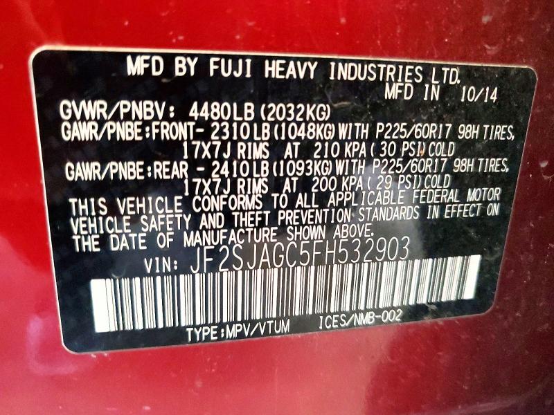 Auction sale of the 2015 Subaru Forester, vin: JF2SJAGC5FH532903, lot number: 51277576