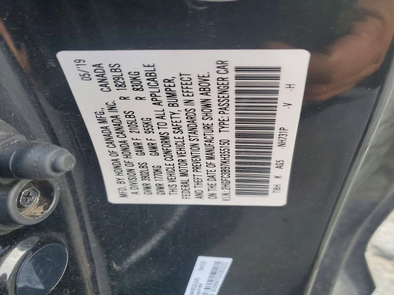 Aukcja sprzedaży 2019 Honda Civic, vin: 2HGFC3B97KH355150, numer aukcji: 55100686