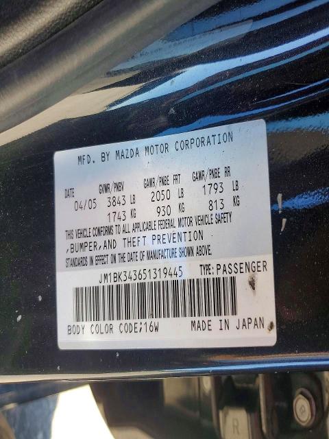 Auction sale of the 2005 Mazda 3, vin: JM1BK343651319445, lot number: 53638206