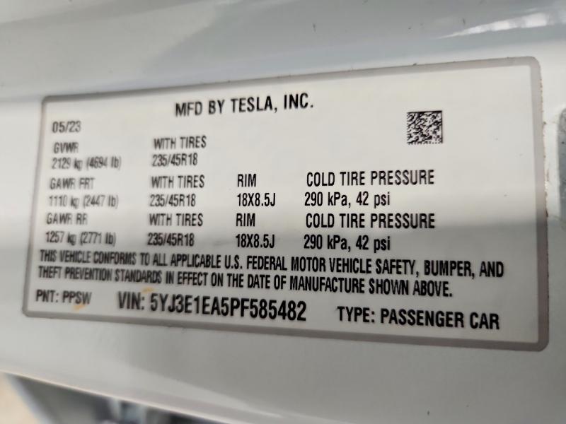 Продаж на аукціоні авто 2023 Tesla Model 3, vin: 5YJ3E1EA5PF585482, номер лоту: 52450776