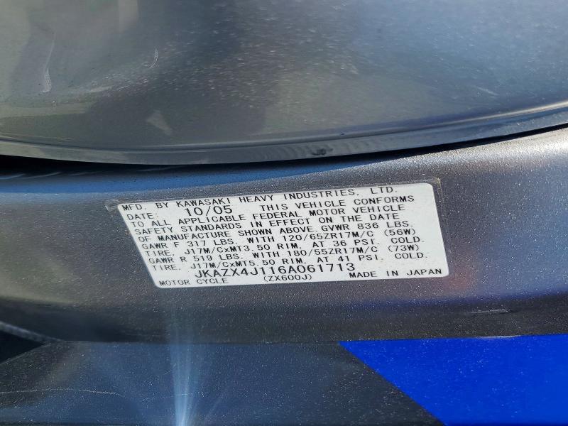 53417826 :رقم المزاد ، JKAZX4J116A061713 vin ، 2006 Kawasaki Zx600 مزاد بيع