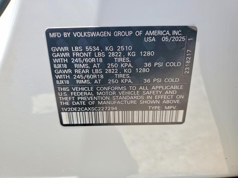 54792466 :رقم المزاد ، 1V2DE2CAXSC227294 vin ، 2025 Volkswagen Atlas Cross Sport مزاد بيع