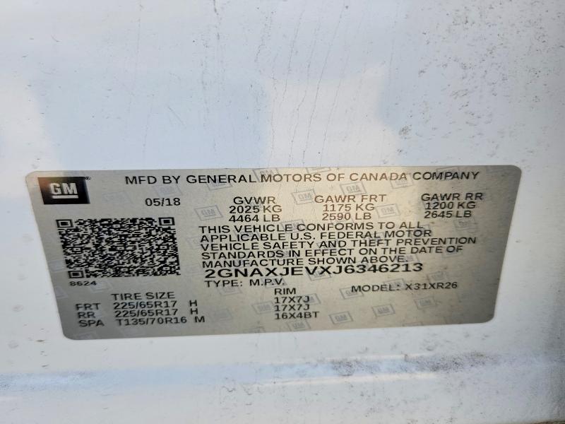 2018 Chevrolet Equinox მანქანა იყიდება აუქციონზე, vin: 2GNAXJEVXJ6346213, აუქციონის ნომერი: 52858306