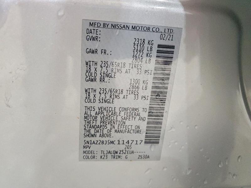 Aukcja sprzedaży 2021 Nissan Murano, vin: 5N1AZ2BJ5MC114717, numer aukcji: 51463976