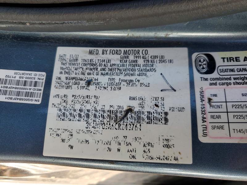 Продажа на аукционе авто 2012 Ford Fusion, vin: 3FAHP0JA6CR243764, номер лота: 53832916