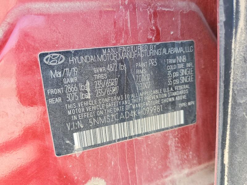 52677386 :رقم المزاد ، 5NMS2CAD4KH099981 vin ، 2019 Hyundai Santa Fe مزاد بيع