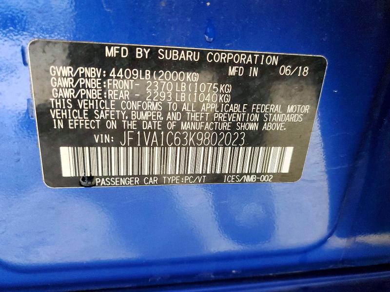 2019 Subaru Wrx მანქანა იყიდება აუქციონზე, vin: JF1VA1C63K9802023, აუქციონის ნომერი: 54271666
