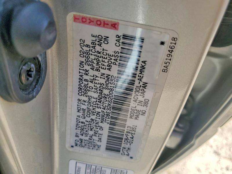 Aukcja sprzedaży 2002 Toyota Camry, vin: JTDBE32K620081552, numer aukcji: 55195816