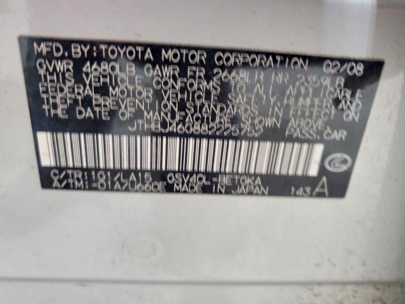 Продаж на аукціоні авто 2008 Lexus Es, vin: JTHBJ46G882225752, номер лоту: 52910246