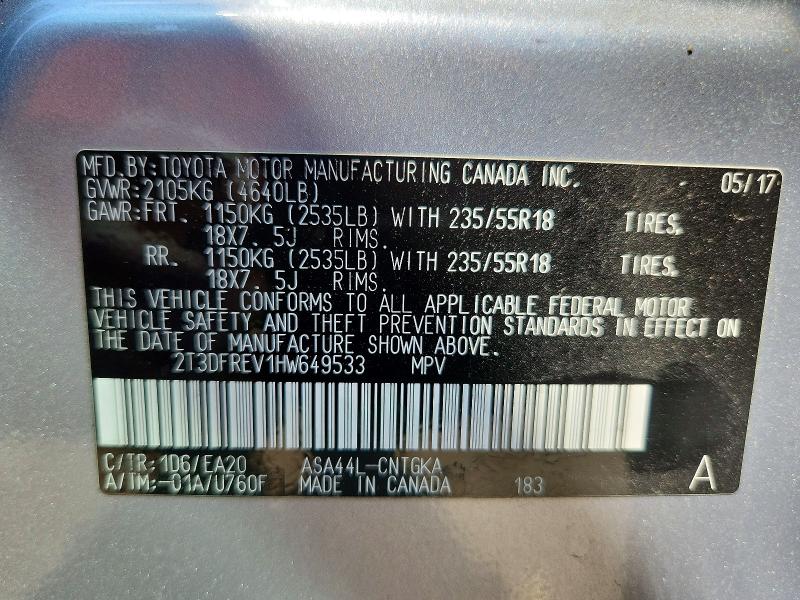 53956496 :رقم المزاد ، 2T3DFREV1HW649533 vin ، 2017 Toyota Rav4 مزاد بيع