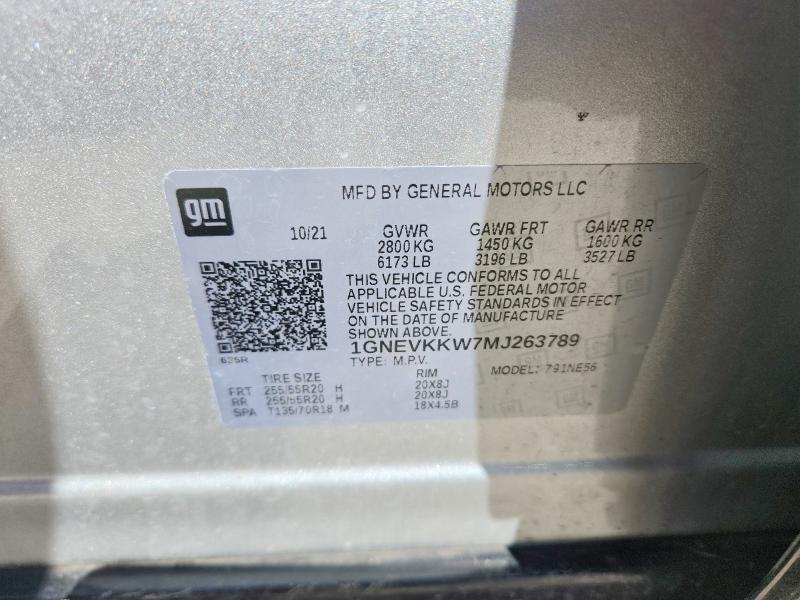 52687676 :رقم المزاد ، 1GNEVKKW7MJ263789 vin ، 2021 Chevrolet Traverse مزاد بيع