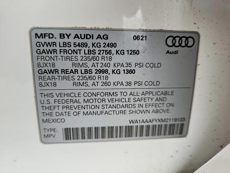 53613886 :رقم المزاد ، WA1AAAFYXM2119103 vin ، 2021 Audi Q5 مزاد بيع