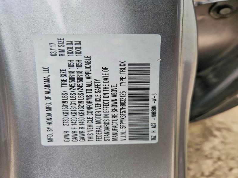 2017 Honda Ridgeline მანქანა იყიდება აუქციონზე, vin: 5FPYK3F57HB032126, აუქციონის ნომერი: 54998086