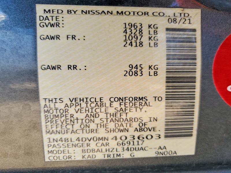 Aukcja sprzedaży 2021 Nissan Altima, vin: 1N4BL4DV0MN403603, numer aukcji: 52426516