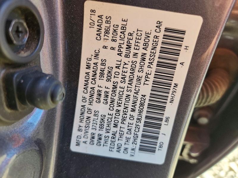 54154606 :رقم المزاد ، 2HGFC2F58JH608024 vin ، 2018 Honda Civic مزاد بيع