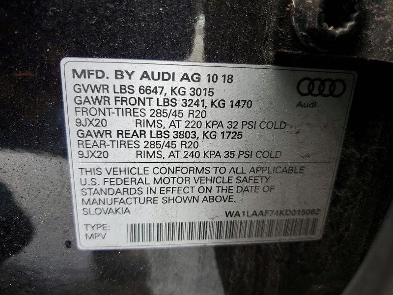 2019 Audi Q7 მანქანა იყიდება აუქციონზე, vin: WA1LAAF74KD015062, აუქციონის ნომერი: 54274116