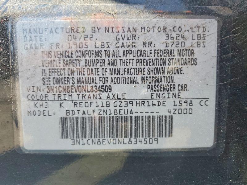 Auction sale of the 2022 Nissan Versa, vin: 3N1CN8EV0NL834509, lot number: 54354776