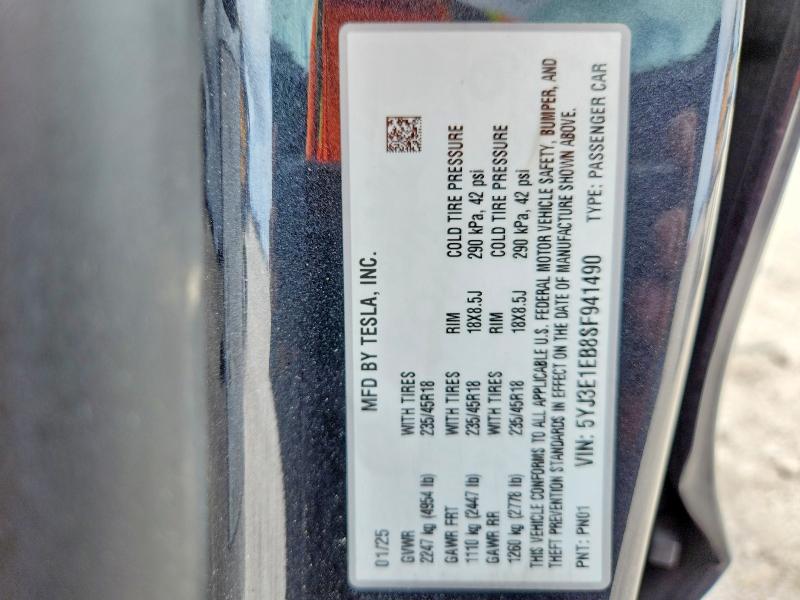 2025 Tesla Model 3 მანქანა იყიდება აუქციონზე, vin: 5YJ3E1EB8SF941490, აუქციონის ნომერი: 54946646