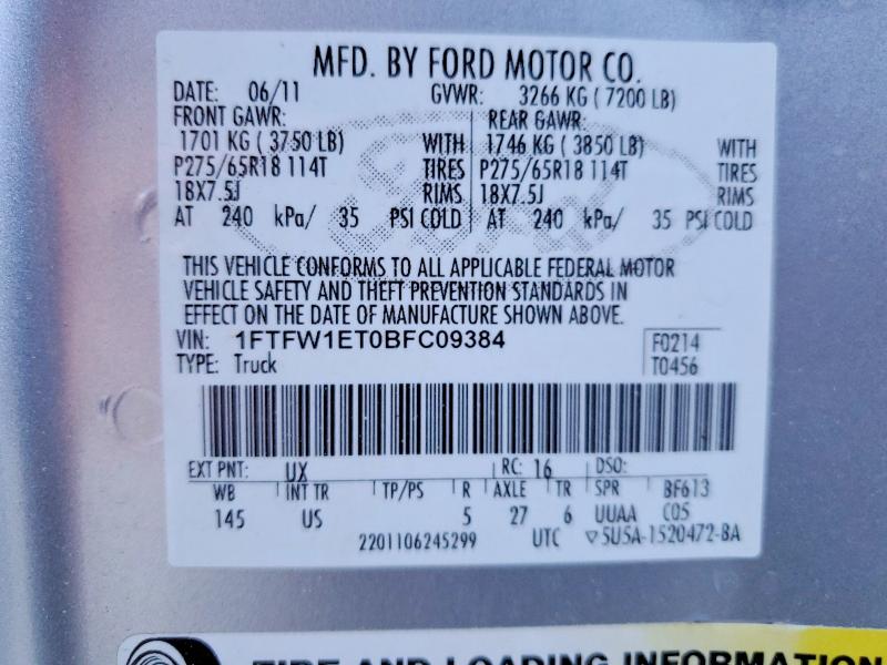 53440066 :رقم المزاد ، 1FTFW1ET0BFC09384 vin ، 2011 Ford F150 مزاد بيع
