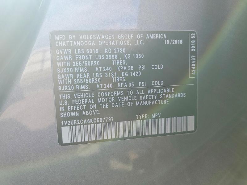 52484656 :رقم المزاد ، 1V2UR2CA6KC507797 vin ، 2019 Volkswagen Atlas مزاد بيع