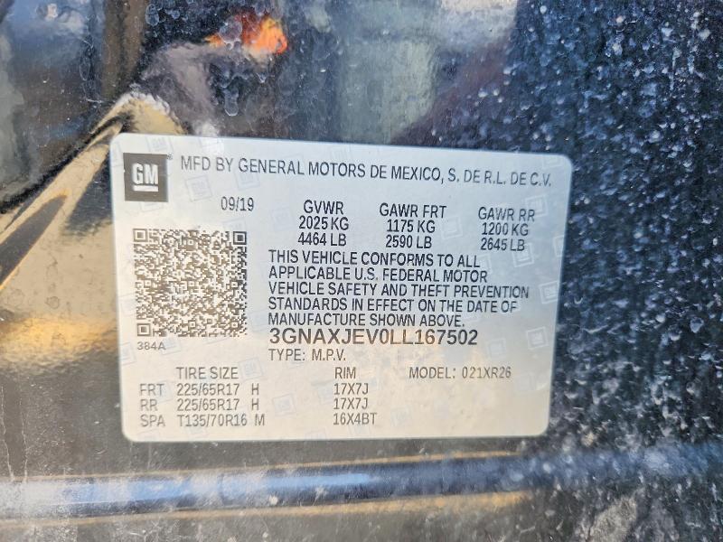 Продаж на аукціоні авто 2020 Chevrolet Equinox, vin: 3GNAXJEV0LL167502, номер лоту: 52095216