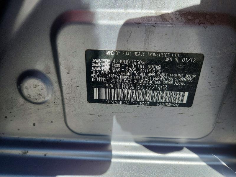 Aukcja sprzedaży 2012 Subaru Impreza, vin: JF1GPAL60CG221468, numer aukcji: 53289946