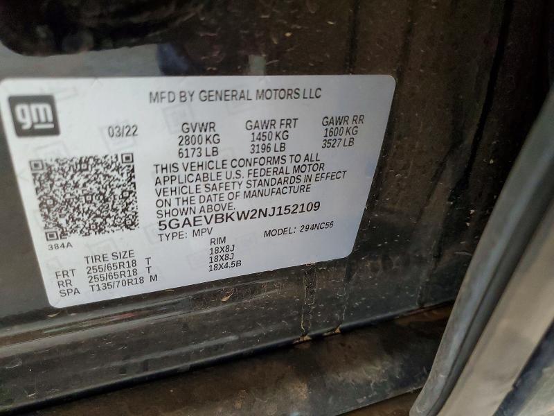 54073256 :رقم المزاد ، 5GAEVBKW2NJ152109 vin ، 2022 Buick Enclave مزاد بيع