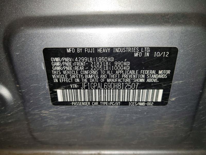 53984706 :رقم المزاد ، JF1GPAL69DH812507 vin ، 2013 Subaru Impreza مزاد بيع