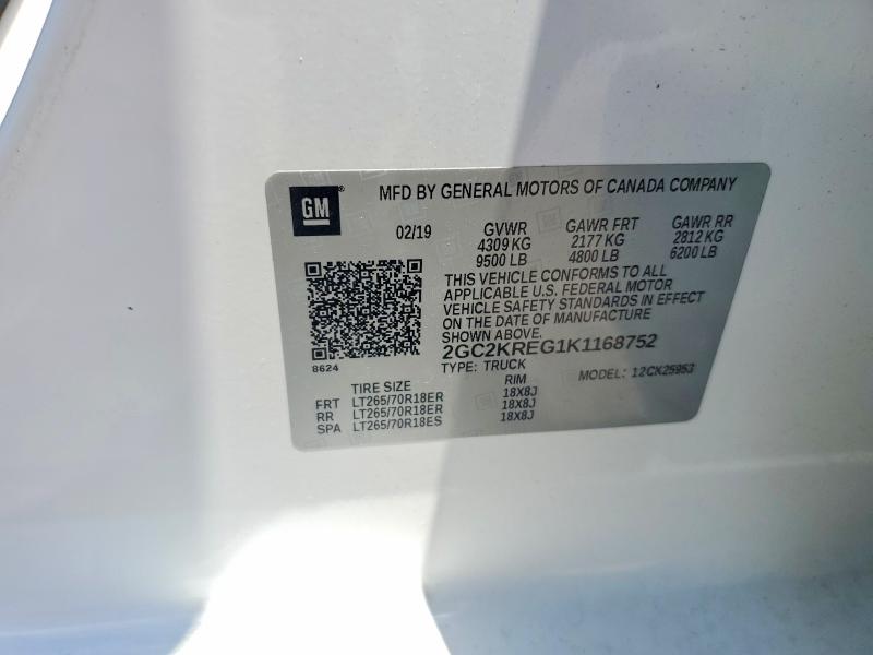 Продаж на аукціоні авто 2019 Chevrolet Silverado, vin: 2GC2KREG1K1168752, номер лоту: 53840256
