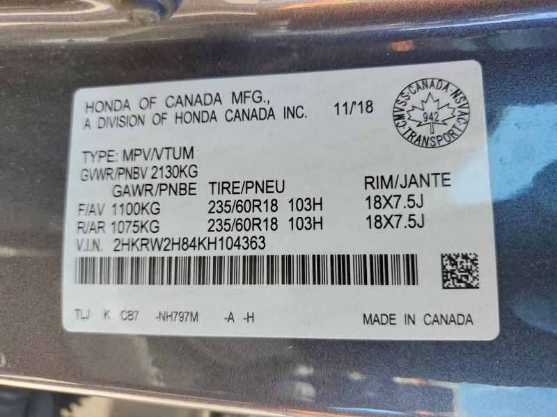 54575566 :رقم المزاد ، 2HKRW2H84KH104363 vin ، 2019 Honda Cr-v مزاد بيع