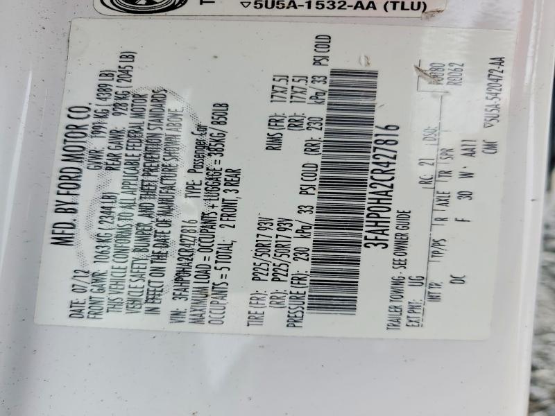 Продаж на аукціоні авто 2012 Ford Fusion, vin: 3FAHP0HA2CR427816, номер лоту: 54816916