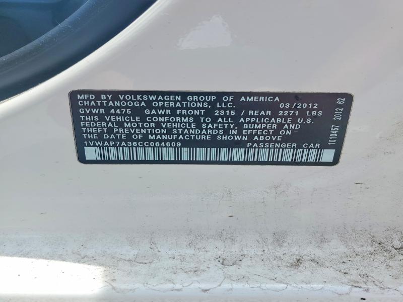 54665046 :رقم المزاد ، 1VWAP7A36CC064609 vin ، 2012 Volkswagen Passat مزاد بيع