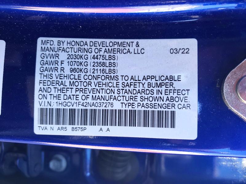 53907296 :رقم المزاد ، 1HGCV1F42NA037276 vin ، 2022 Honda Accord مزاد بيع
