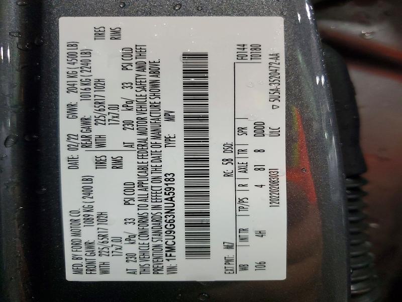 2022 Ford Escape მანქანა იყიდება აუქციონზე, vin: 1FMCU9G63NUA59183, აუქციონის ნომერი: 54858156