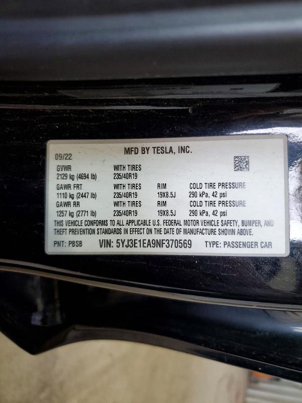 Продажа на аукционе авто 2022 Tesla Model 3, vin: 5YJ3E1EA9NF370569, номер лота: 54689456