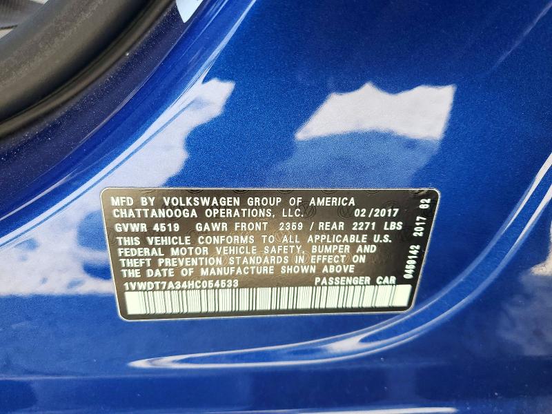 Продажа на аукционе авто 2017 Volkswagen Passat, vin: 1VWDT7A34HC054533, номер лота: 54061286